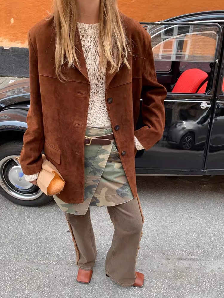 วินเทจฤดูใบไม้ร่วงผู้หญิงจริงแกะ Suede Blazer เดี่ยวสุภาพสตรีทํางานของแท้หนังแจ็คเก็ต Retro Outwear Coat