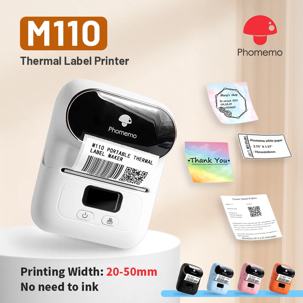 Phomemo m110 mini impressora térmica portátil impressora de etiquetas autoadesivas para 3/5/10 rolss adesivos fabricante de etiquetas impressora sem tinta