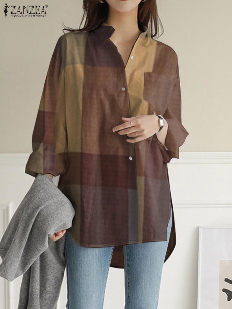 ZANZEA VintageแขนยาวBlusasผู้หญิงแฟชั่นไม่สม่ําเสมอเสื้อขนาดใหญ่หญิงสบายๆ 2024 ฤดูร้อนลายสก๊อตเสื้อ