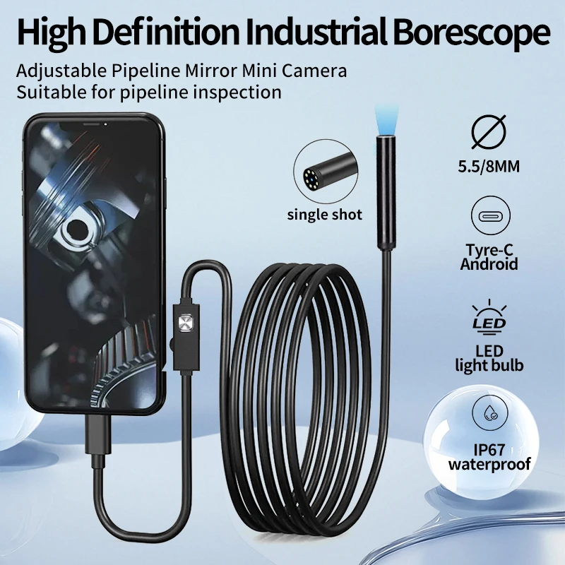 Cámara endoscópica Android TYPE-C de 5,5/8MM IP67 impermeable 6 LED boroscopio ajustable Mini cámara para inspección de tuberías