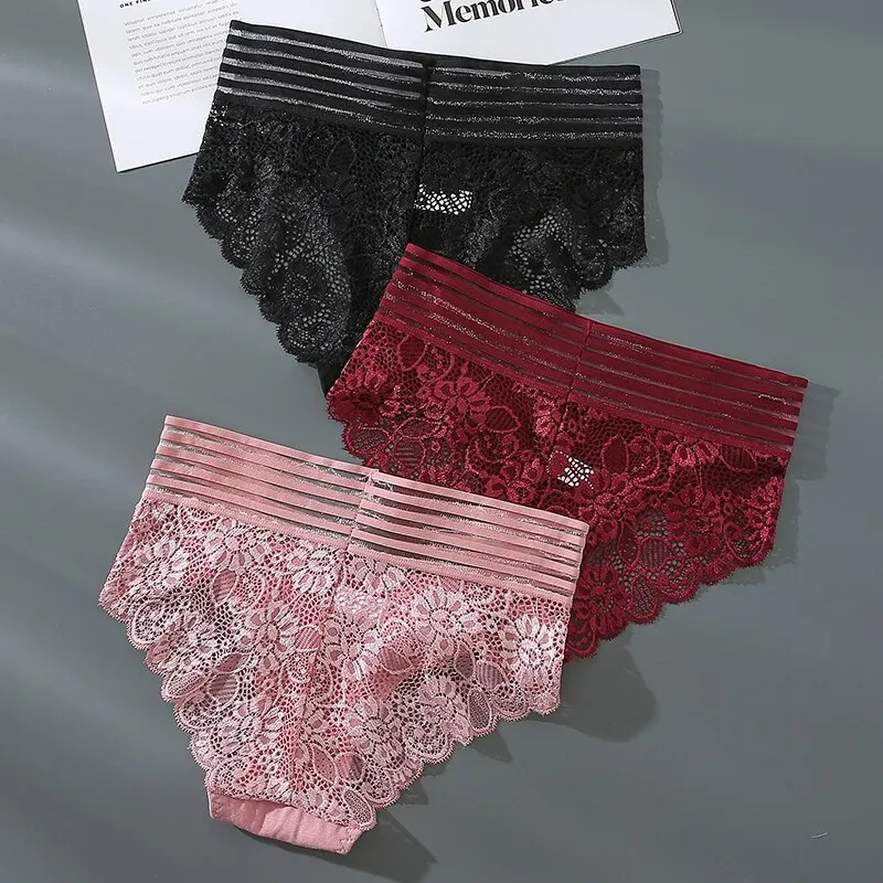 3 ชิ้นกางเกงลูกไม้เซ็กซี่ผู้หญิงกางเกงสีทึบกางเกง Breathable Intimates กางเกงหญิงชุดชั้นในชุดชั้นใน
