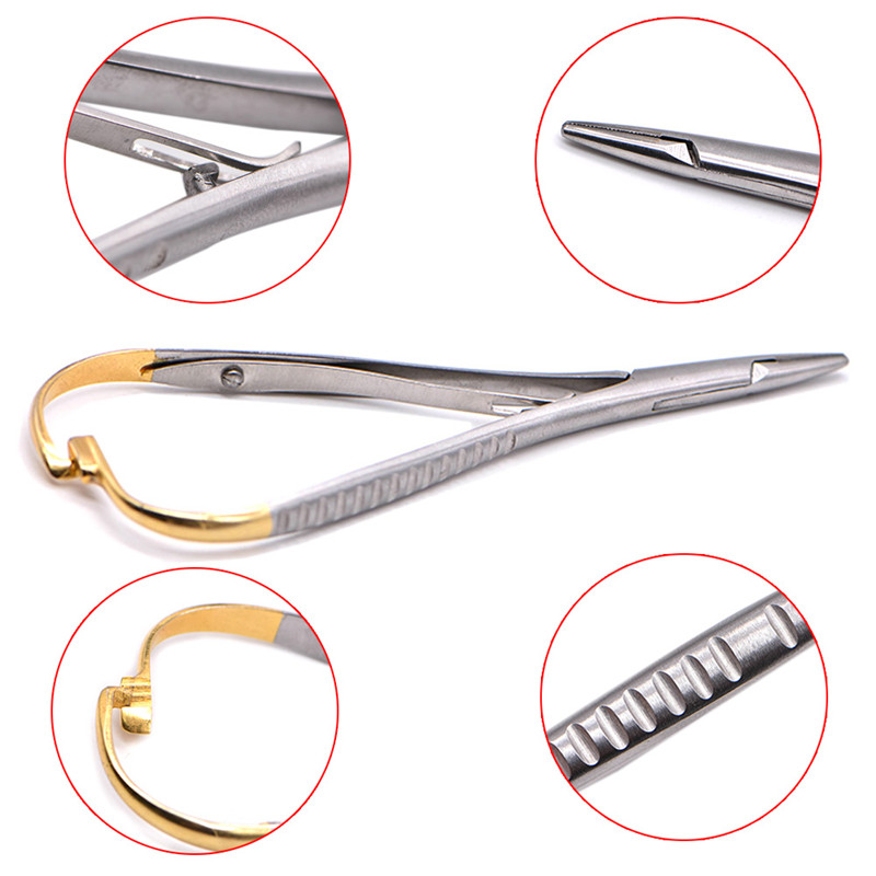 ทันตกรรมตรงหัวเข็มผู้ถือคีมโค้งทองชุบสแตนเลสจัดฟัน Plier เครื่องมือผ่าตัด