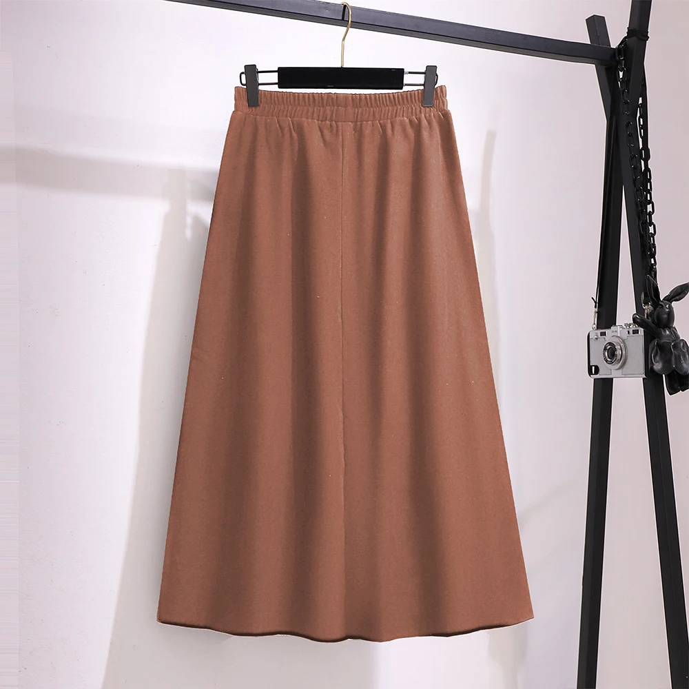 Saia de tecido de poliéster casual feminino, plus size, monocromática, simples design combinando, solto confortável, apuramento especial, outono