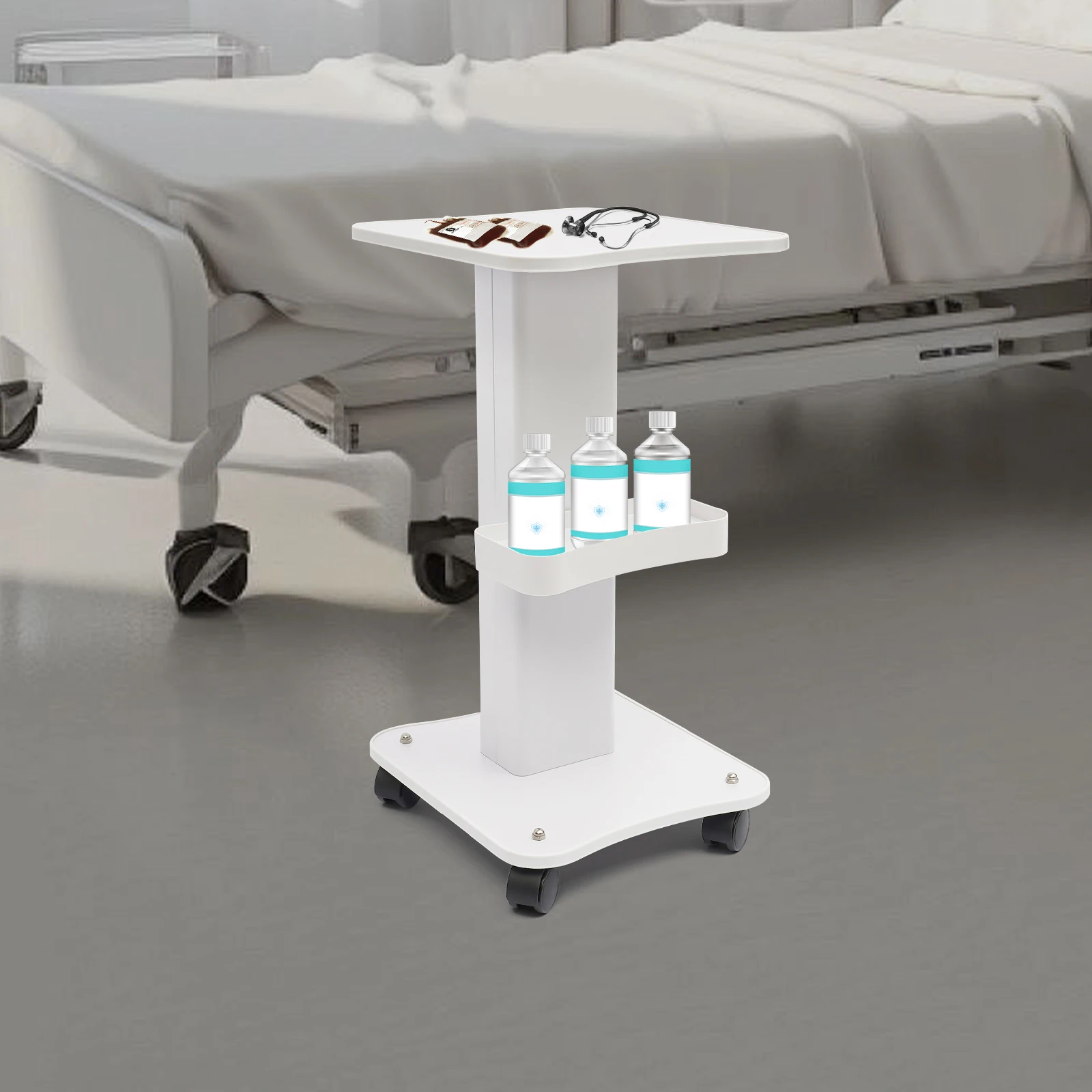Pannelli per carrello bianco in ABS con supporto per macchina per salone di bellezza con vassoio per colonna di supporto Ruote universali multifunzionali