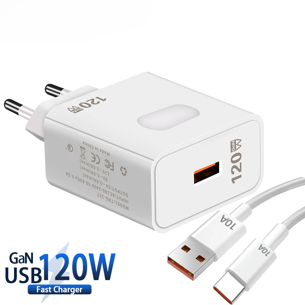 120W GaN USB Fast Charging Quick Charger 3.0 Type C Cable 10A Mobile Phone Charger For Huawei Xiaomi 15 14 Oneplus Wall Charger