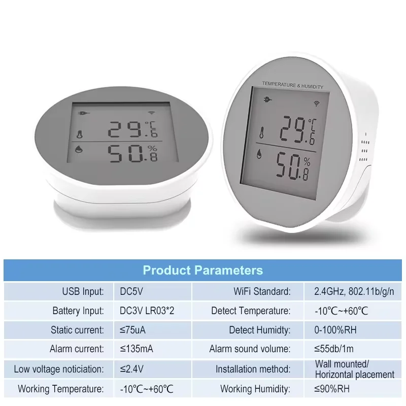 Tuya wifi sensor de umidade temperatura lcd display digital termômetro sensor 55db alarme sonoro suporte usb ou alimentado por bateria
