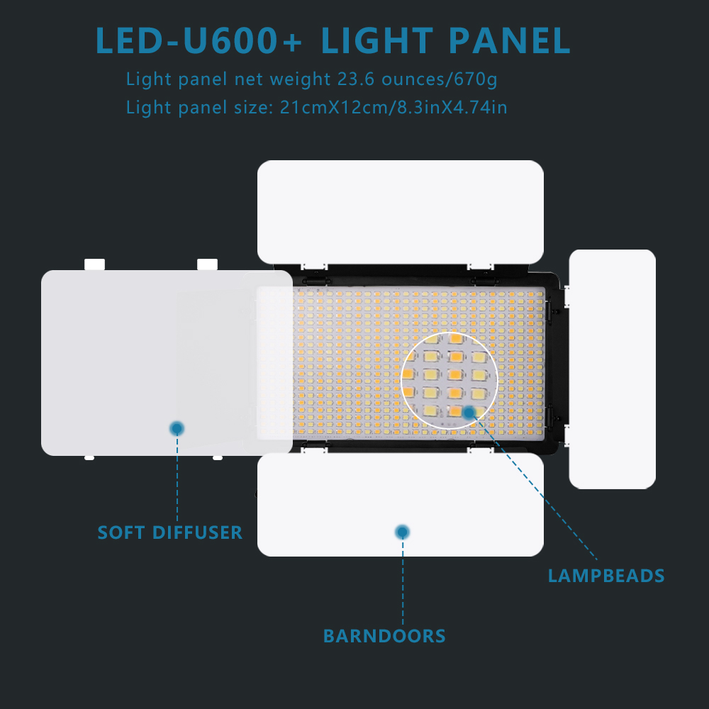 Nagnahz U800+ Luz de video LED Lámpara de estudio fotográfico Bicolor 2500K-8500k Regulable con soporte de trípode Control remoto para lámpara de grabación de video Fotografía al aire libre Luz de relleno con batería