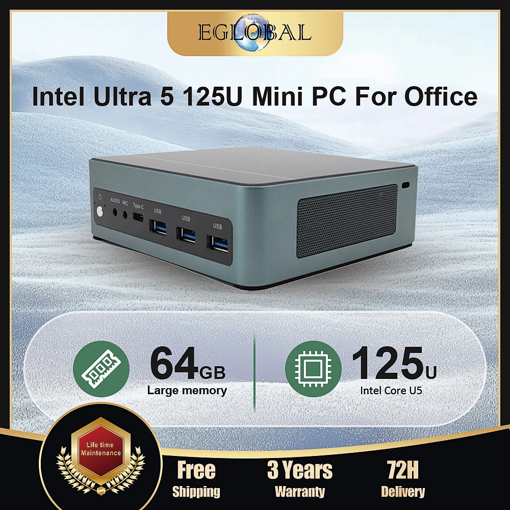 Eglobal Intel Mini PC Gamer Ultra5 125U Ultra7 155U 12 ядер 2 * DDR5 2 * RJ45 Lan NVMe 5USB Win11 Настольный мини-игровой компьютер Wi-Fi