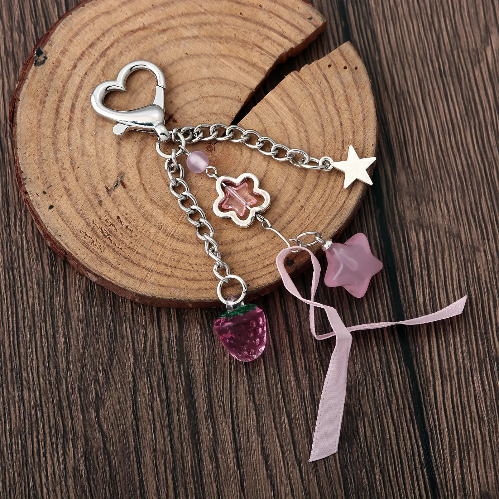 1 pz portachiavi con fiocco stile dolce ciondolo rosa telefono cellulare creativo catena corta amore stella a cinque punte accessori decorazione borsa
