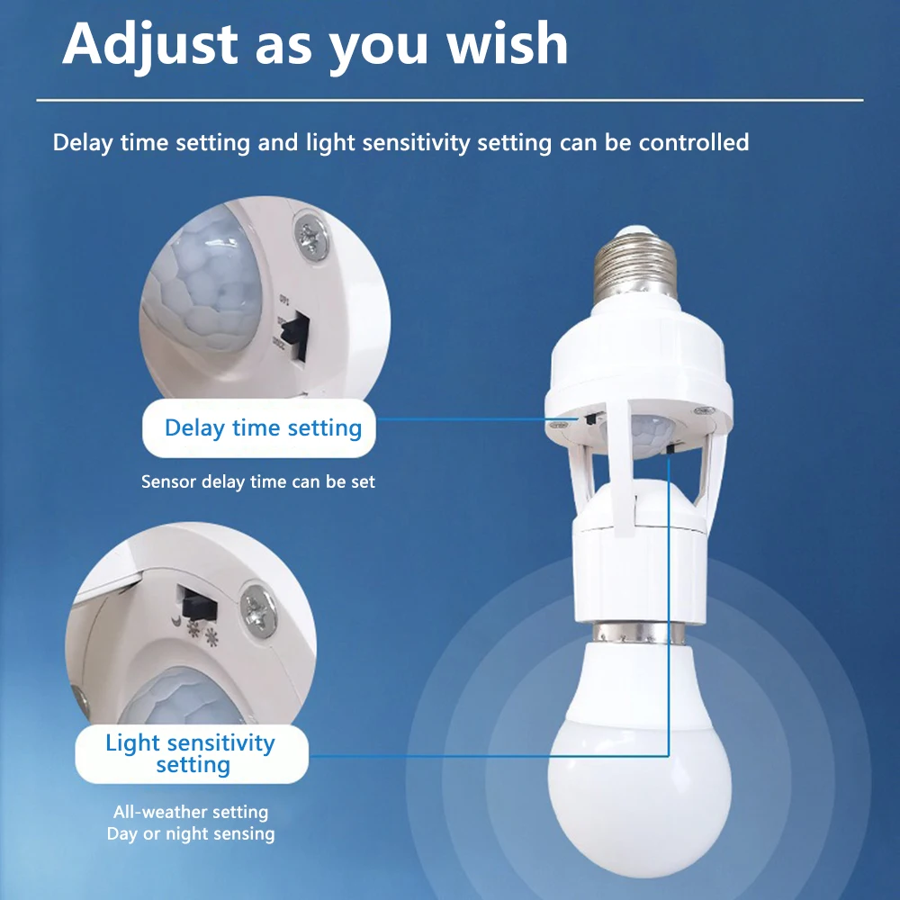 Sensore di movimento Base lampada a LED Convertitore presa E27 AC100-240V Portalampada Adattatore Interruttore PIR regolabile Induzione umana
