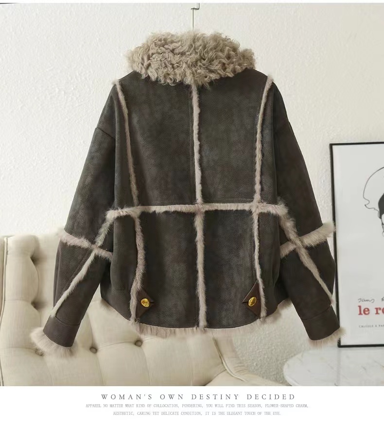 用シープスキンジャケット2024,用ショートファー,生地100% ウサギのの裏地,ウールの襟