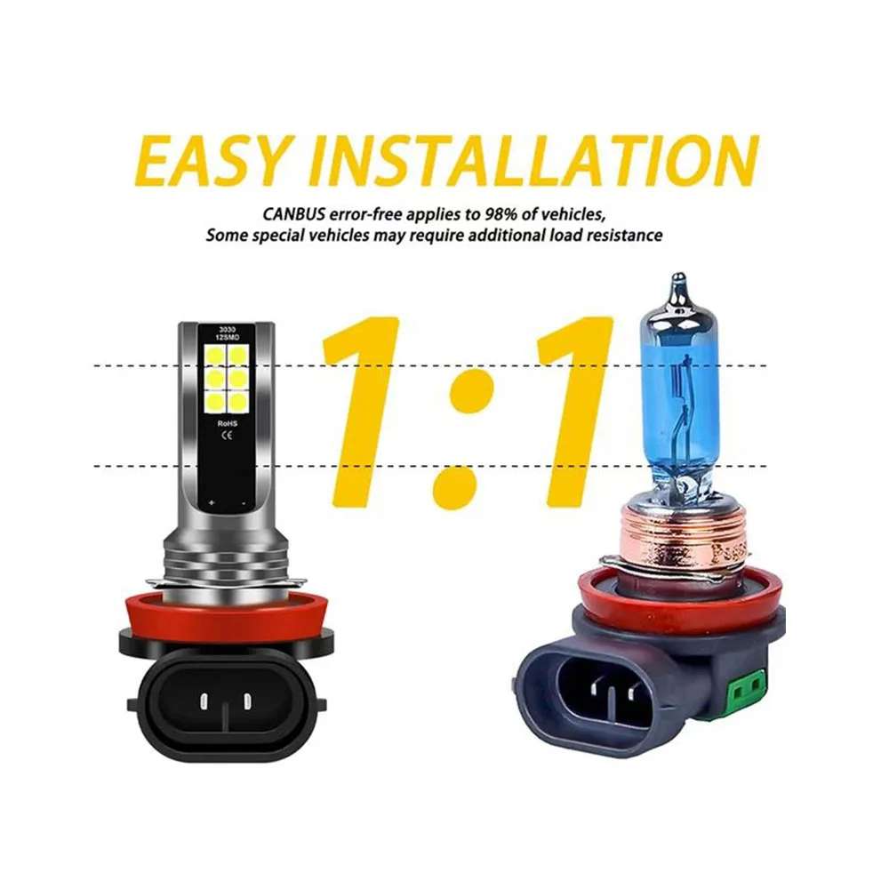2pcs H8 H9 H1 H3 Led H11 9005 HB3 9006 HB4 자동차 CSP LED 안개 헤드 라이트 전구 6000K 흰색 자동 안개 램프 주간 러닝 라이트