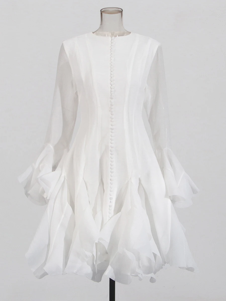 VGH หวาน Ruffles Elegant เข่าความยาวชุดผู้หญิงรอบคอ Flare Sleeve เอวสูง Spliced ปุ่มชุดสายหญิง