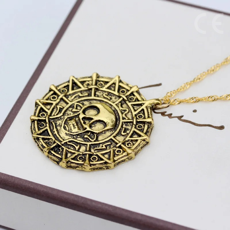 Piratas do caribe colar asteca esqueleto crânio cabeças pingente banhado a ouro/bronze vintage masculino colar de declaração presentes