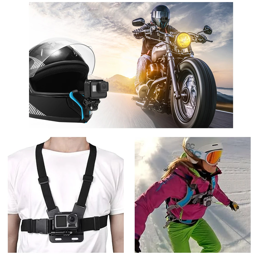 휴대 전화 및 액션 카메라 용 12 in 1 Vlog 액세서리 키트 GoPro Hero 12 11 9 용 야외 승마 오토바이 헬멧 턱 스트랩