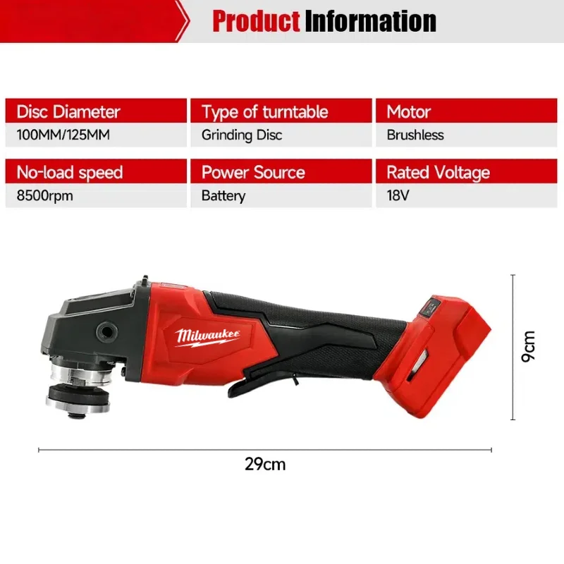 Milwaukee Brushless Angle Grinder 125mm Cutting Polishing Grinding Machine Variable Speed Power Tools For Milwaukee 18V Battery