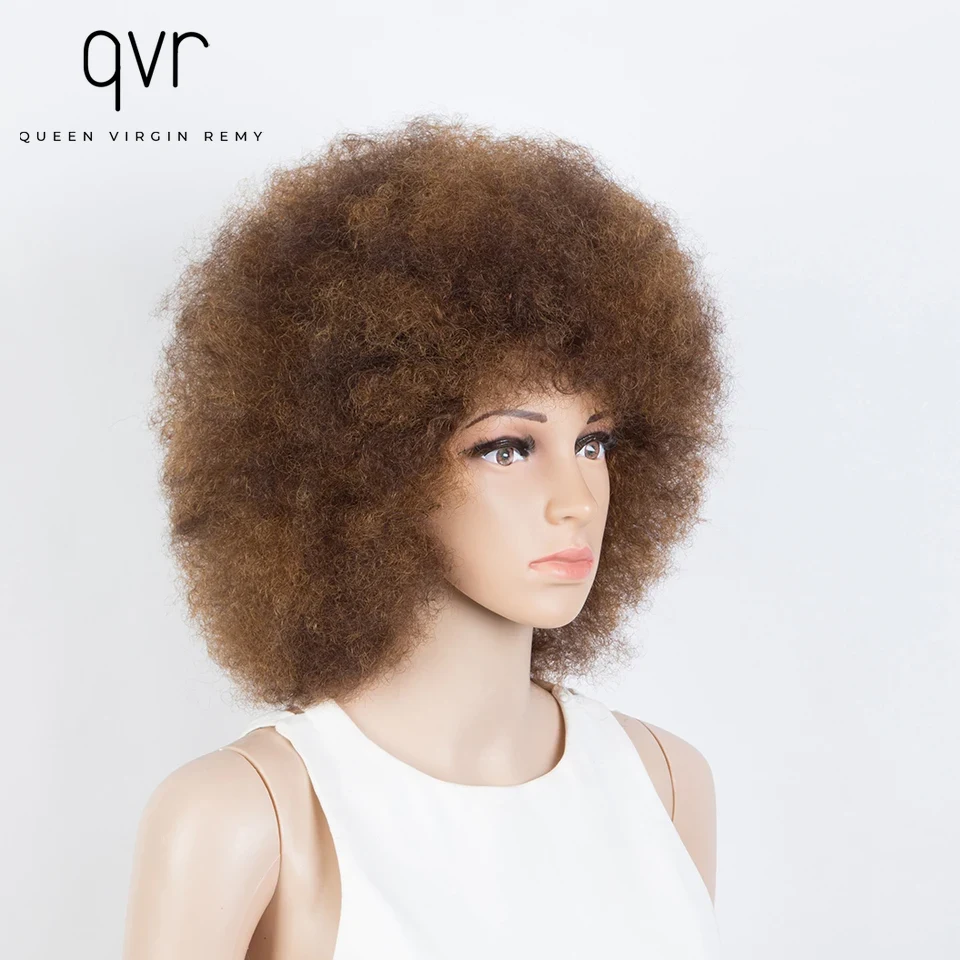 QVR วิกผมหยักศกทรงแอฟโฟรสั้นสำหรับผู้หญิงวิกผมหยิกแบบอัฟโฟรหนาวิกผม180% แบบฟูสั้น