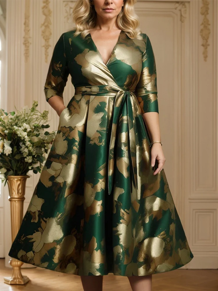 Floral bedrucktes Satin-Kleid in Übergröße für Damen, sexy V-Ausschnitt, plissiert, A-Linie, elegant, Vintage, lässig, halbe Ärmel, Abend-Midikleid
