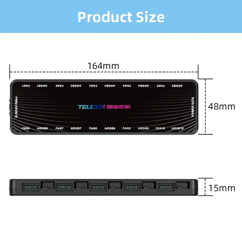 TEUCER ARGB Controller 1 To 10 4pin PWM Cooling Fan Hub Sata Powered Magnetic Suction Hub Addressable RGB Splitter for PC Case