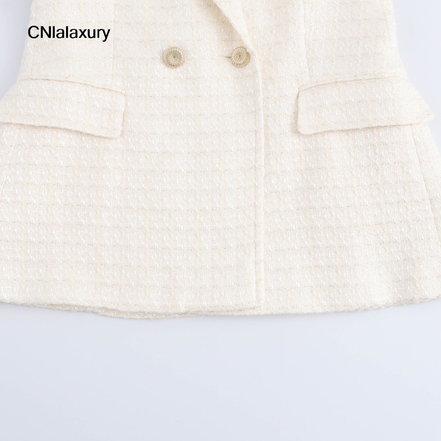 Beige Tweed Blazer for Women Coats Double-Breasted Pockets Suit Jackets Office Lady Elegant Outerwears Notched Collar Jackets