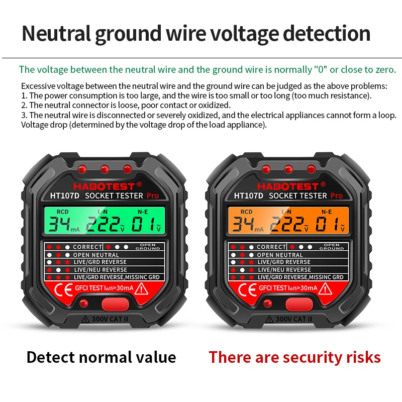 Probador de enchufe Digital HT107, voltaje profesional, prueba RCD de 30mA y 5mA, Detector inteligente, enchufe UE, EE. UU., Reino Unido, línea cero de tierra, verificación de fase de polaridad
