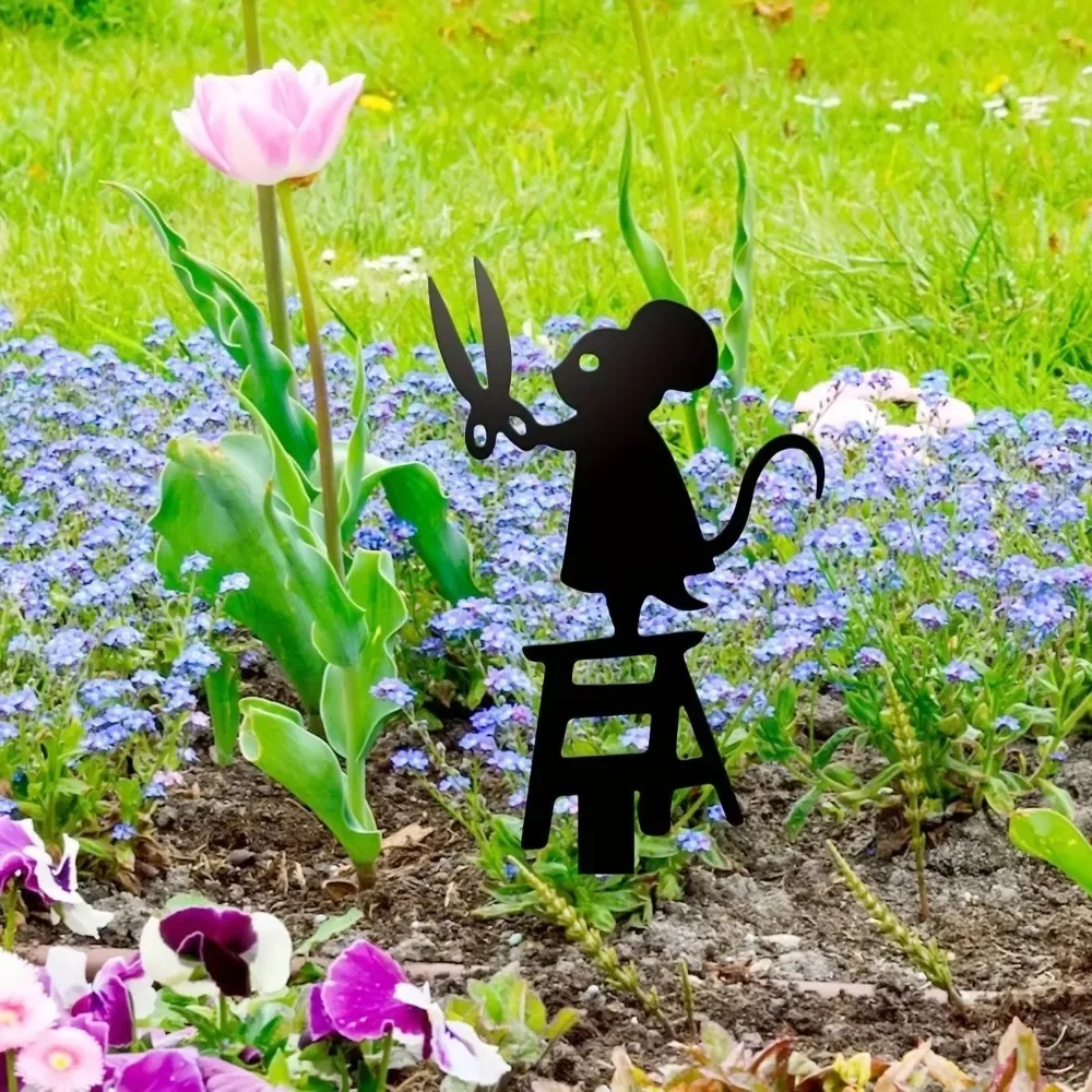 1pc silhouette metal garden post with scissors mouse design, art deco lawn sign, creative animal sculpture decorations