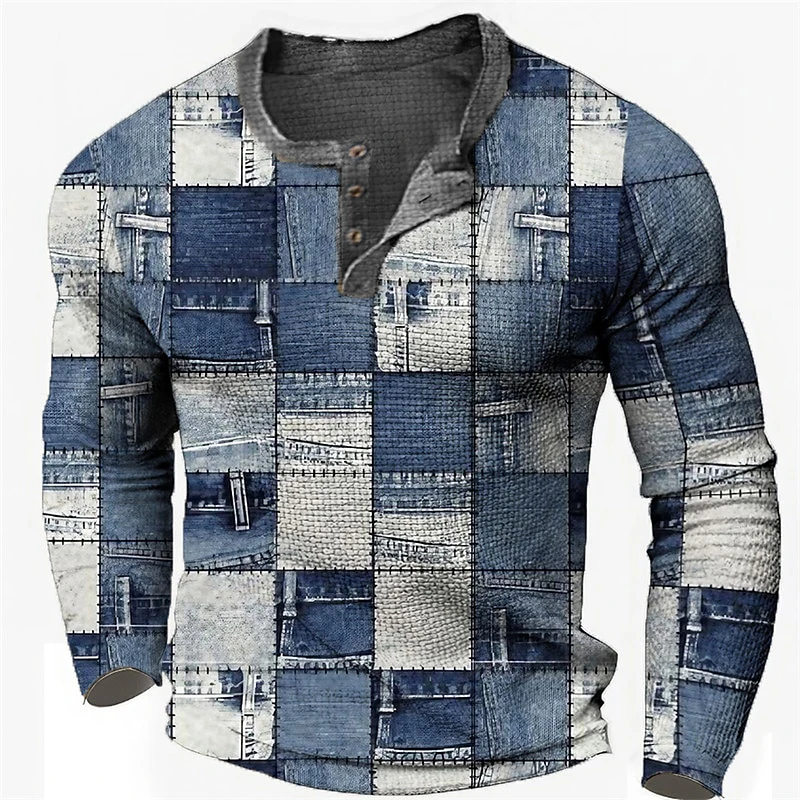 Patchwork Denim Vintage เสื้อยืดผู้ชาย Patchwork Grid กราฟิกเสื้อ T 3D พิมพ์แขนยาว Tee ขนาดใหญ่ Man เสื้อผ้า Tops