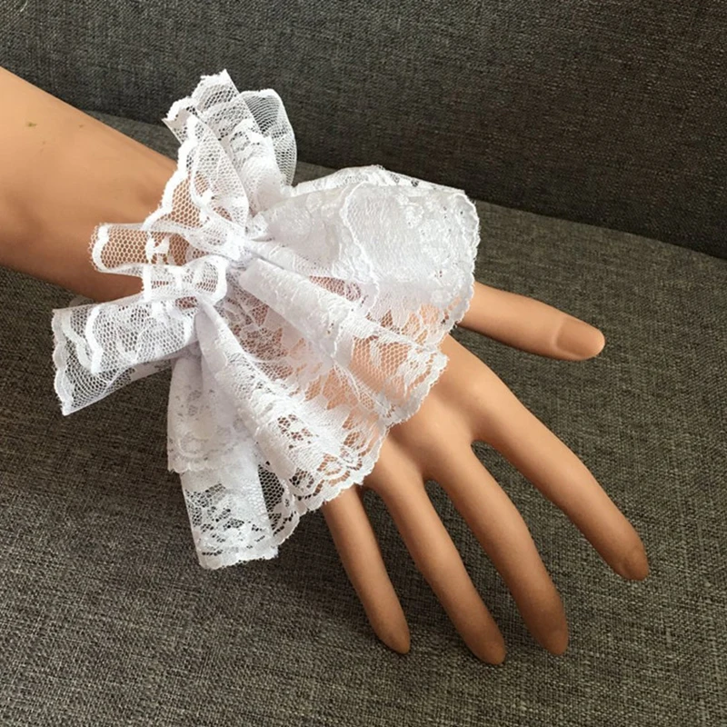 2 ชิ้น/คู่ Lolita มือข้อมือ Ruffled ดอกไม้ลูกไม้สีดําสร้อยข้อมือ Elegant ผู้หญิงหญิงนาฬิกาข้อมืออุ่นถุงมือ