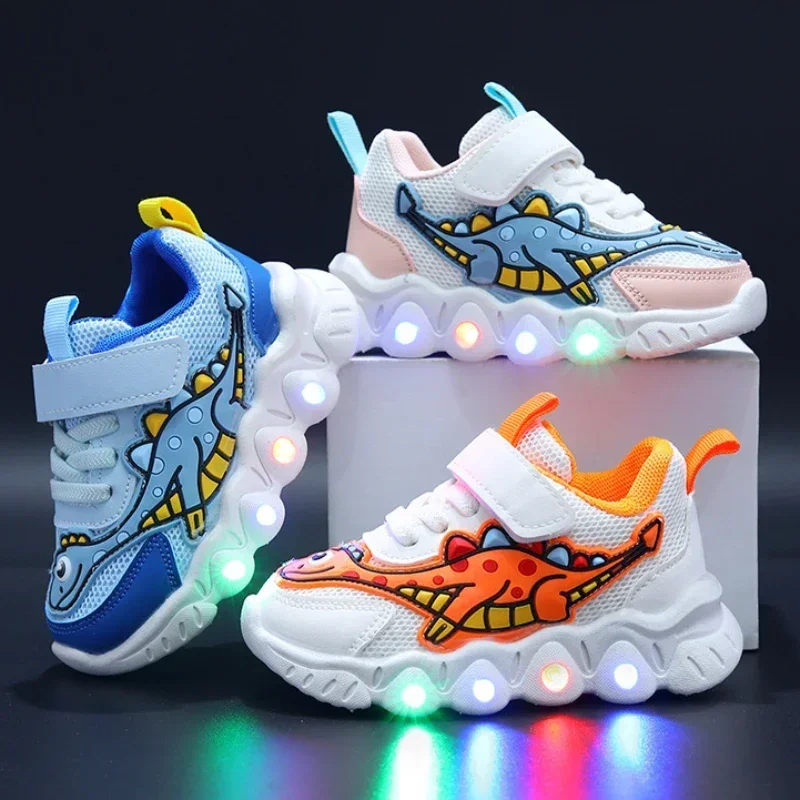 Sapatilhas LED bonitos dos desenhos animados das crianças, sapatos de malha respirável, sapatos iluminados, casual, iluminação, meninos, meninas, bebê