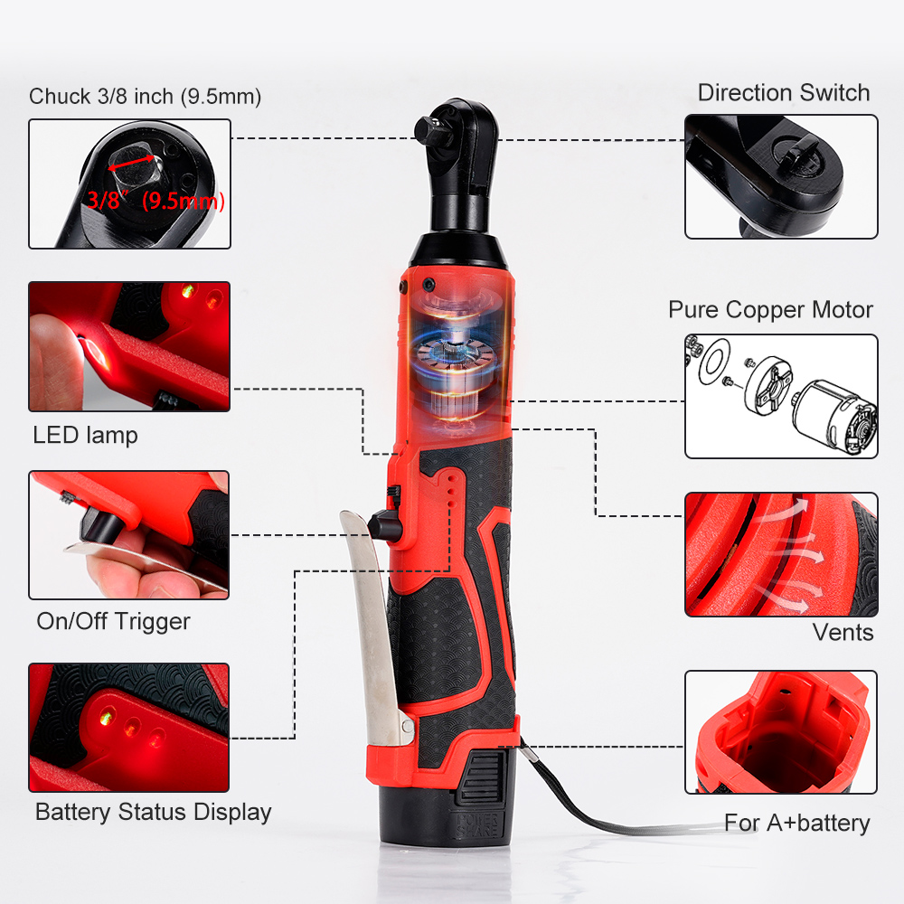 Hormy-llave eléctrica inalámbrica de 3/8 pulgadas, llaves de trinquete de ángulo recto de 9,5mm, juego de herramientas de reparación de automóviles recargables de 65N.m, llave angular