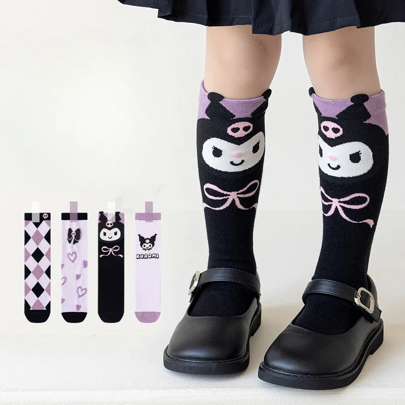 สาวน่ารัก Sanrioed Kuromi สีม่วงเข่าถุงเท้ายาว Kawaii การ์ตูนอะนิเมะ Kuromi เด็กเด็กวัยหัดเดินกลางถุงเท้าของขวัญ