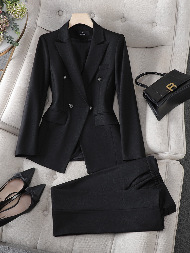 Grau schwarz blau weiß Damen Hosenanzug Langarm solide Damen Blazer und Hose formell 2 Stück Set für Herbst Winter