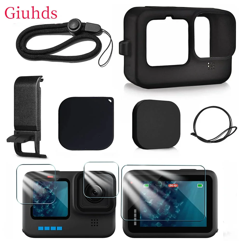 Ốp Lưng Silicon Cho GoPro Hero 10 9 Đen Kính Cường Lực Màng Bảo Vệ Ống Kính Dành Cho Đi Pro 10 9 Ốp Lưng