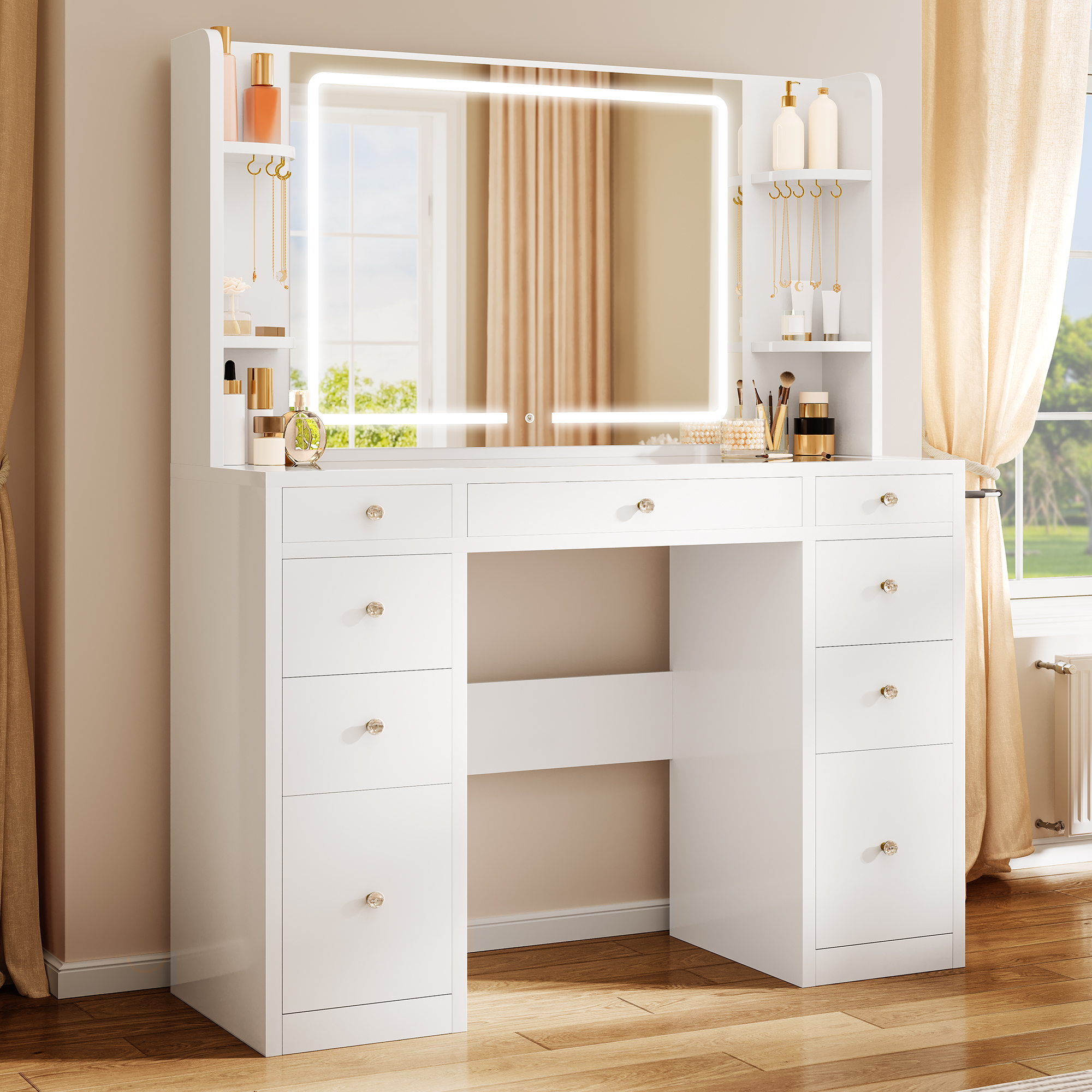 YITAHOME White Vanity Table - Adjustable LED Lighting & Outlets, 9 Drawers with Dividers, Transparent Desk for Makeup