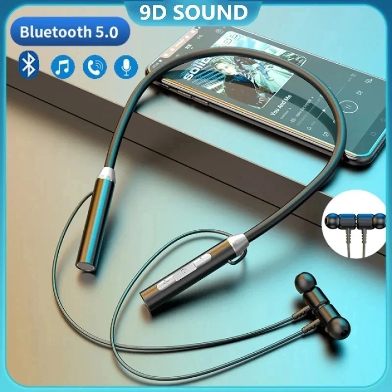 Auriculares inalámbricos Bluetooth 5,0, auriculares con banda para el cuello, auriculares deportivos estéreo 9D de silicona Hifi, auriculares magnéticos impermeables con cuello Halter