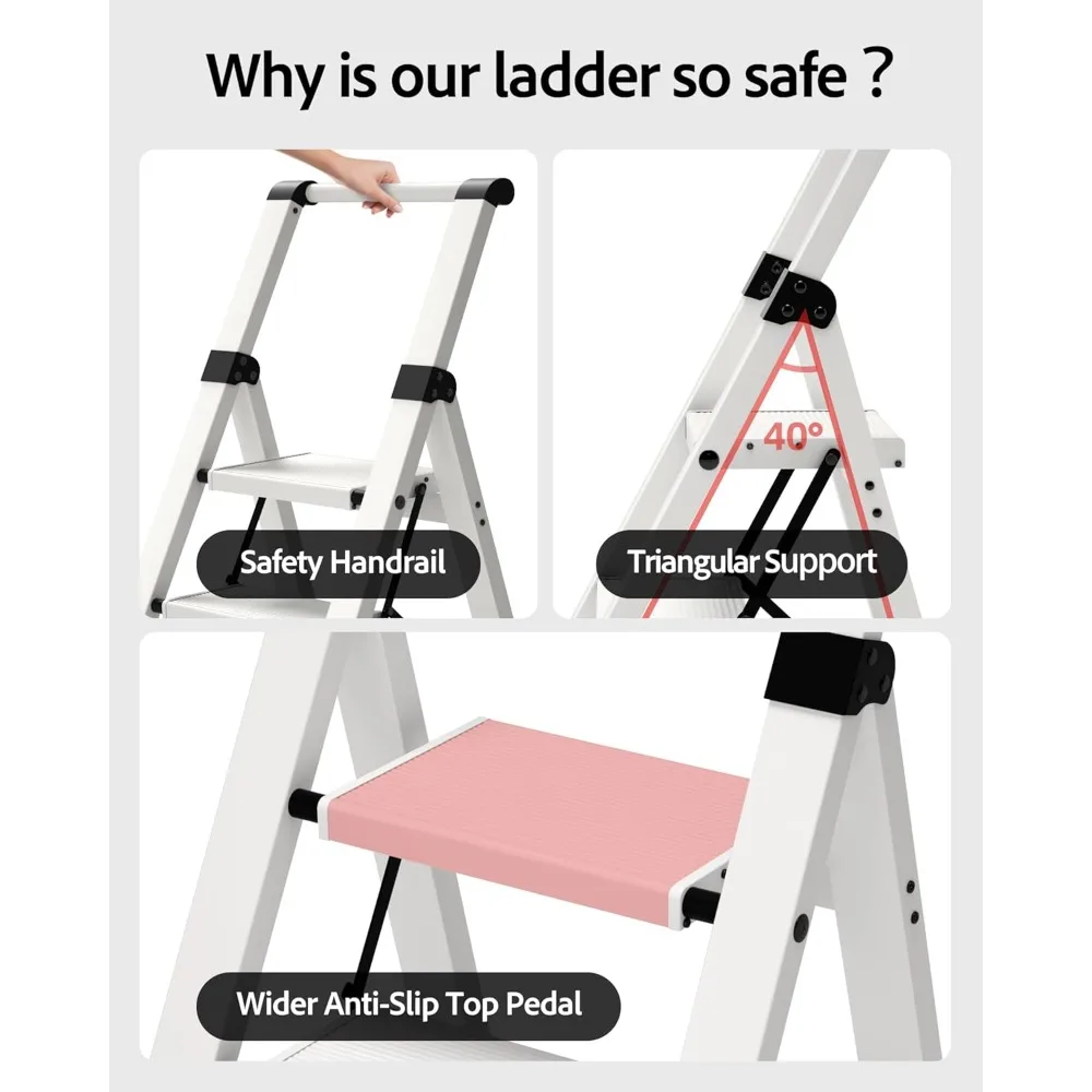 3 Step Ladder, Lightweight Aluminum Step Stool with Convenient Handgrip, Folding Ladder with Anti-Slip Pedals, 330lbs Capacity