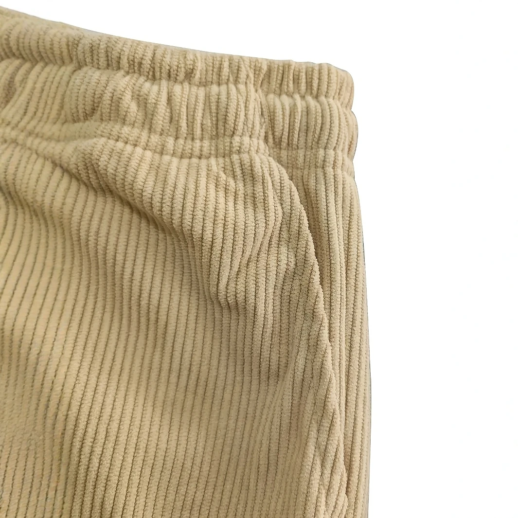 Calça masculina de veludo cotelê com perna reta com cordão na cintura, bolsos e design de logotipo – elástica, ajuste casual para uso diário, Spri