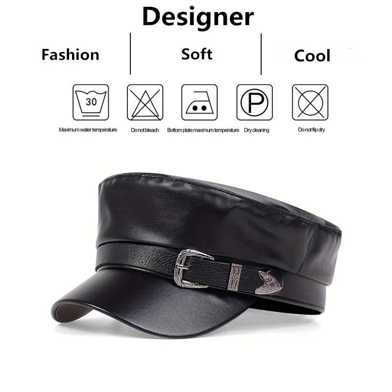 Mode Frauen große Gürtels chnalle Leder Hut Frühling Herbst Matrosen hüte schwarze Damen Baskenmütze Kappen Männer Flat Top Kapitän Militär mützen