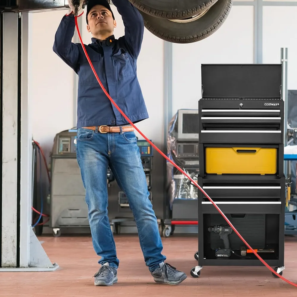Large Rolling Tool Cabinet, 2-in-1 Detachable Metal Tool Chest Hooks & Pegboard, Lockable Tool Box Trolley, Workbenches