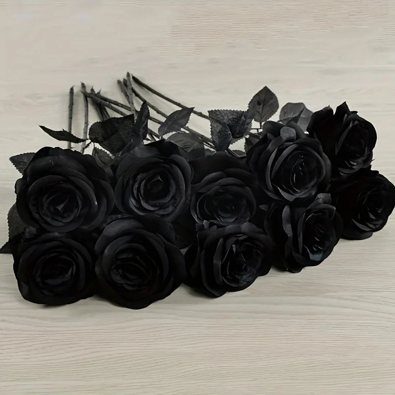 Rosas negras artificiales, flores falsas, tallo largo, sin contenedor, para Halloween, decoración del hogar, fiesta de boda, mesa