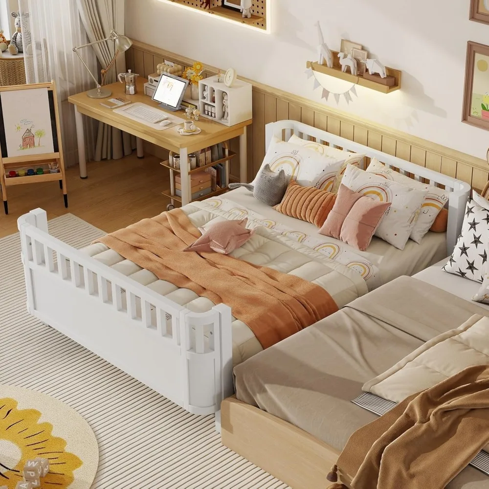 Full Size Wooden Floor Bed, Montessori Platform Bed Frame with Low Profile & Safety Rails, Space Saving Kids Beds for Boys Girls