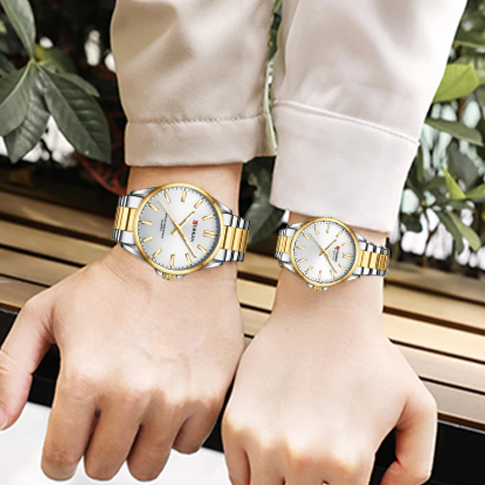 CURREN สร้อยข้อมือนาฬิกาควอตซ์คู่สำหรับแฟชั่นที่สร้างสรรค์สบายๆชุดสร้อยข้อมือหน้าปัดนาฬิกาทรงกลมสวยงาม