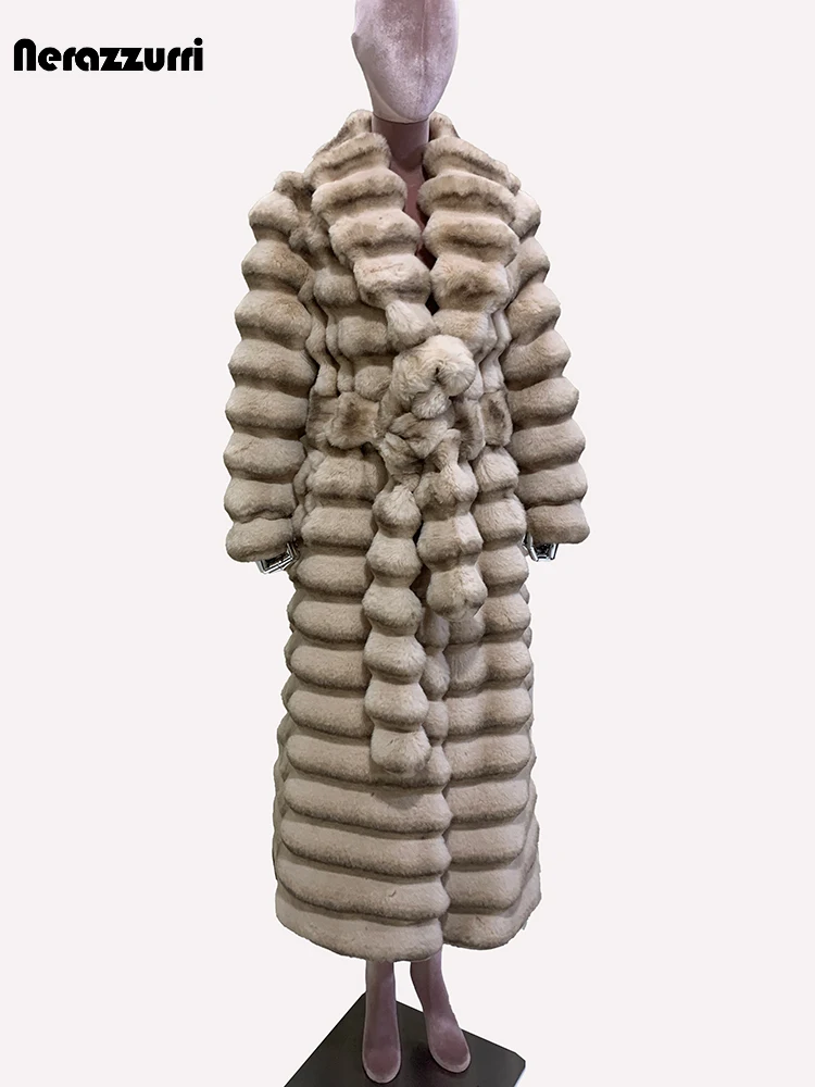 Nerazzurri Winter lange gestreifte dicke warme flauschige Faux Chinchilla Pelzmantel Frauen Schal kragen elegante schicke Luxus pelzigen Mantel