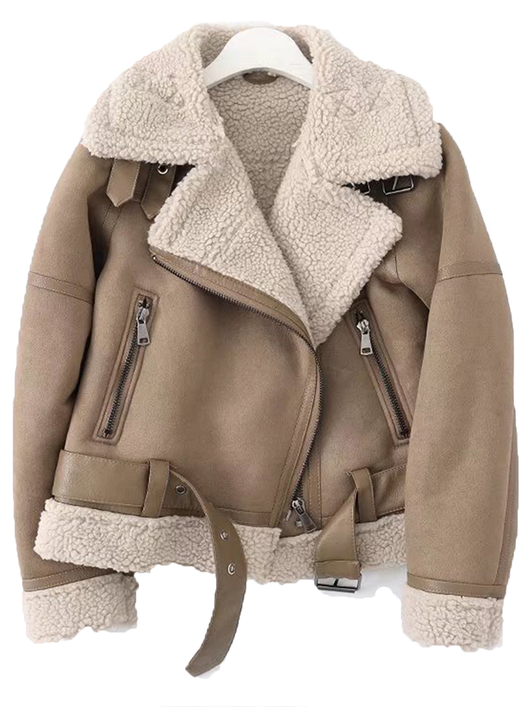 FMFSSOM ผู้หญิง Faux Suede เสื้อหนัง Lambskin ฤดูใบไม้ผลิหญิงสีน้ำตาลขนสัตว์ฤดูหนาว Warm Windproof Moto Biker Lambs สั้น Outw