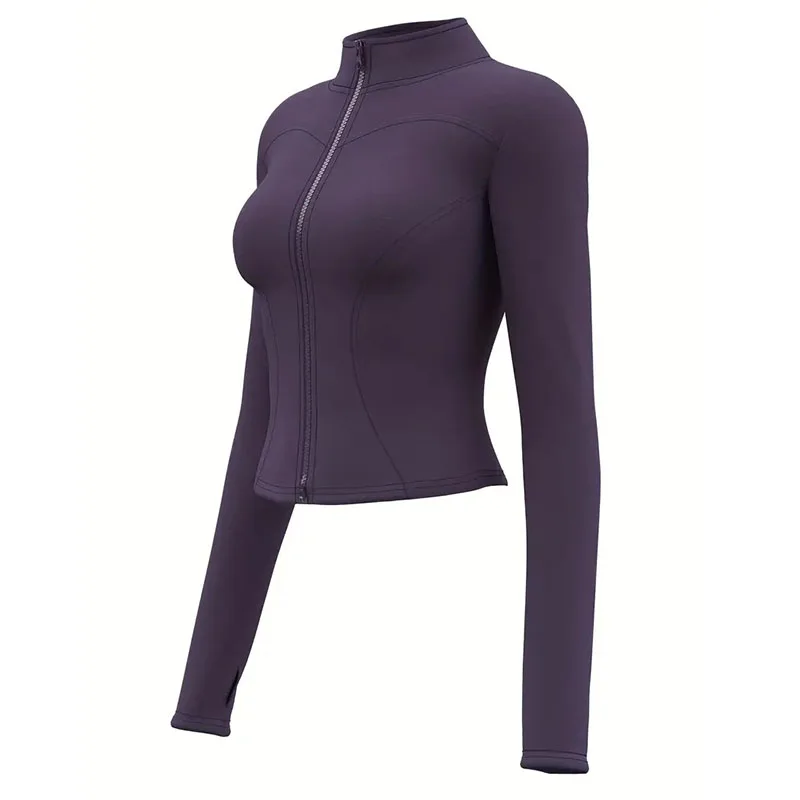 Damen-Laufjacke mit Reißverschluss, leichte, dehnbare Laufjacke mit Daumenlöchern, Stehkragen, atmungsaktive Yoga-Sportbekleidung