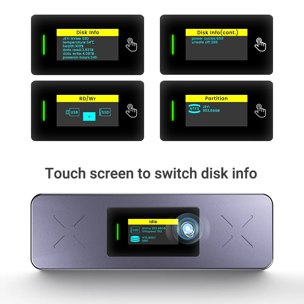 JEYI Visual Smart M.2 NVMe / SATA SSD Enclosure, USB 3.2 Gen 2 10Gbps, ภายนอก M2 อะแดปเตอร์รองรับ M-Key B + M Key UASP Trim