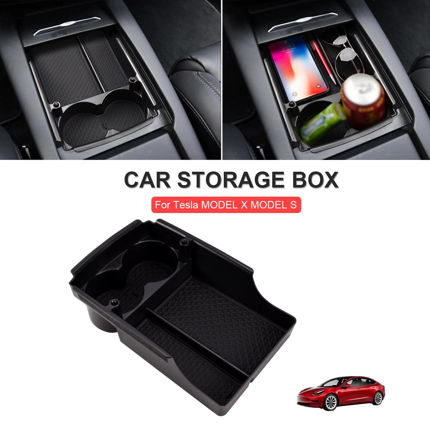 Untuk Tesla Model X Model S Kotak Penyimpanan Sandaran Tangan Pusat Mobil Kotak Organizer Penyangga Cangkir Baki Aksesori Interior untuk Merapikan