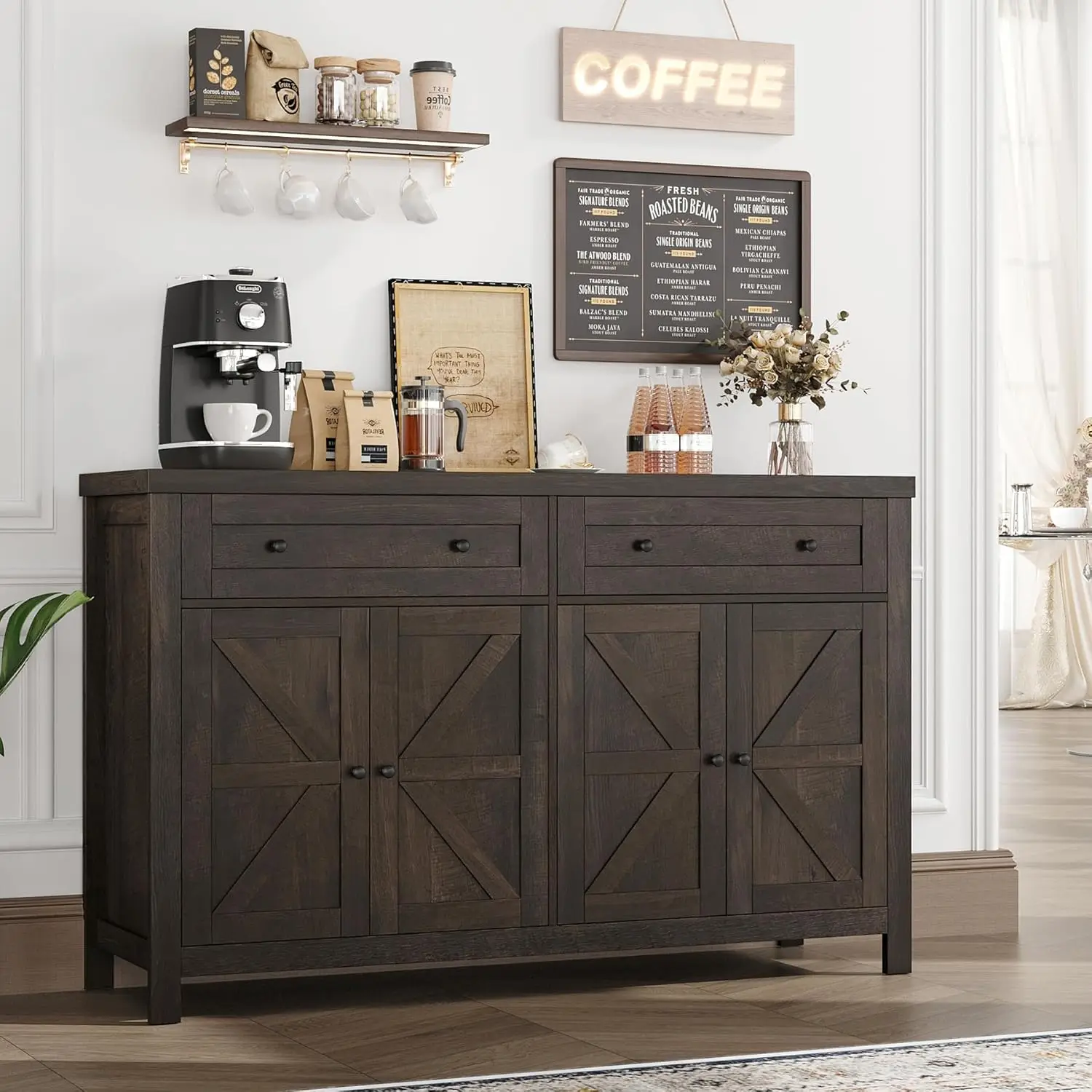 55" moderner Bauernhaus-Kaffeebar-Schrank, Buffet-Sideboard mit Stauraum, mit Schubladen und Regalen