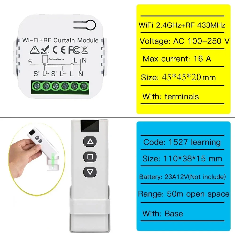 Tuya-interruptor de cortina inteligente con WiFi, mando a distancia RF433Mhz, aplicación de Control por voz con Alexa y Google Home para persiana enrollable eléctrica