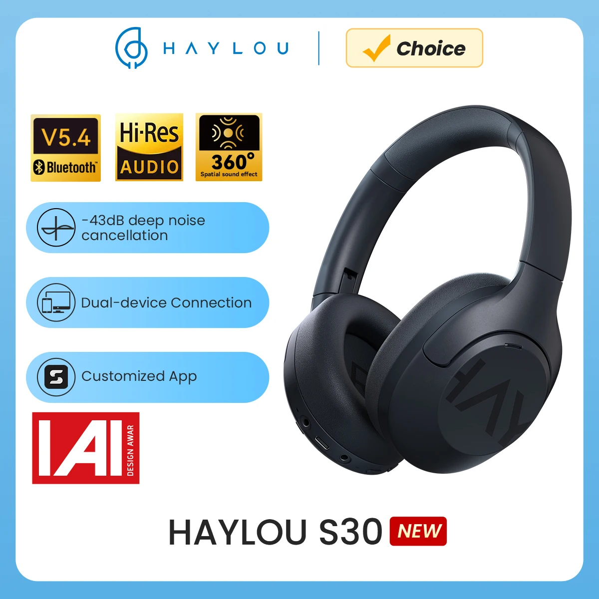 Haylou S30 Draadloze Bluetooth 5.4 Hoofdtelefoon 43db Adaptieve Ruisonderdrukking Headsets 40Mm Driver 80H Afspeeltijd Oortelefoon
